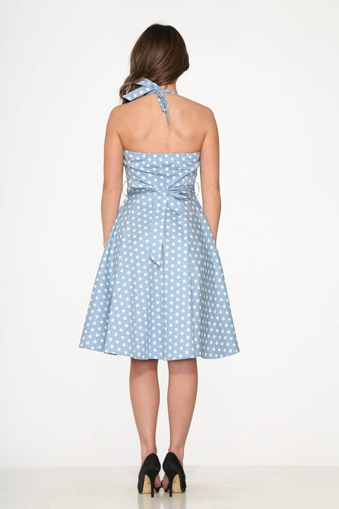 Ljusblå&Vit Prickig Swingklänning-5
