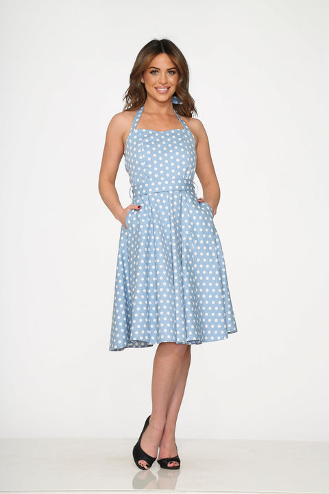 Ljusblå&Vit Prickig Swingklänning-1