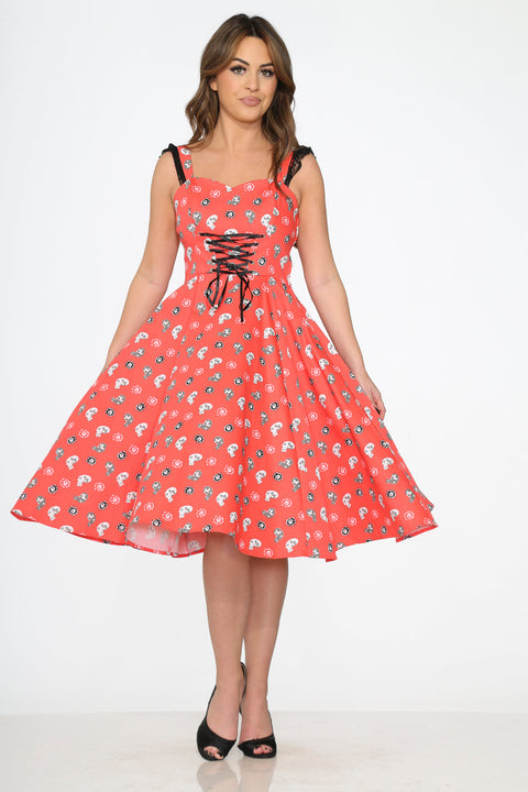 Röd Dödskallar Swingklänning-4