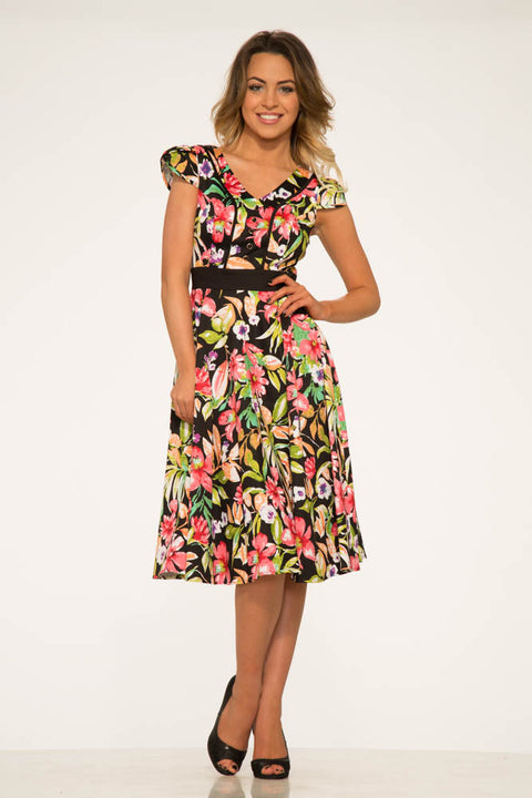 Tropisk mix av blommig swingklänning-1