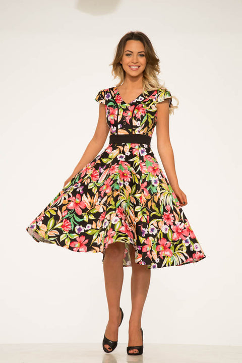 Tropisk mix av blommig swingklänning-2
