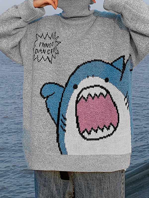 Rollkragen-Pullover mit Cartoon-Haifisch für Herren-1