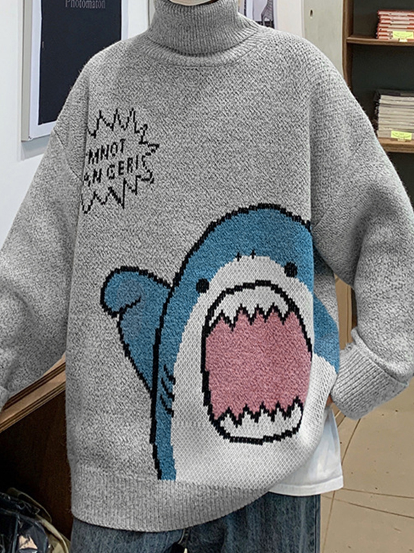 Rollkragen-Pullover mit Cartoon-Haifisch für Herren-2