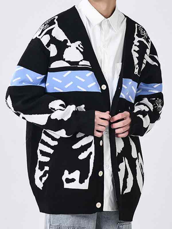 Herren-Pullover mit V-Ausschnitt und Cartoon-Print-1